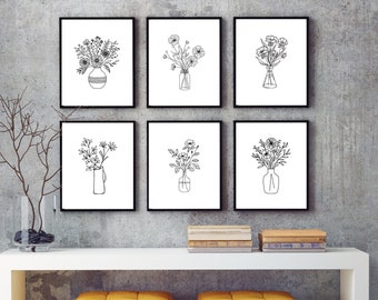 Minimalist Flower Line Art Prints: Black & White Floral Set (Digital Download)