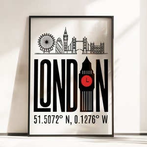 May include: Black and white illustration of the London skyline with the word "LONDON" in bold black letters and Big Ben in the center. The text "51.5072&deg; N, 0.1276&deg; W" is below the illustration.
