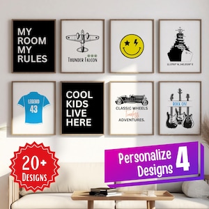Jungenzimmer Wand Kunst Druck, 20 + druckbare Art Set, Kinderzimmer Dekor, personalisierte Jungen Wanddrucke, Teenager Dekor Digital Download