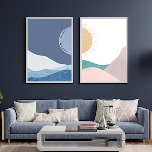 Watercolor Sun and Moon Print: Boho Mid-Century Modern Wall Art (Digital Download)