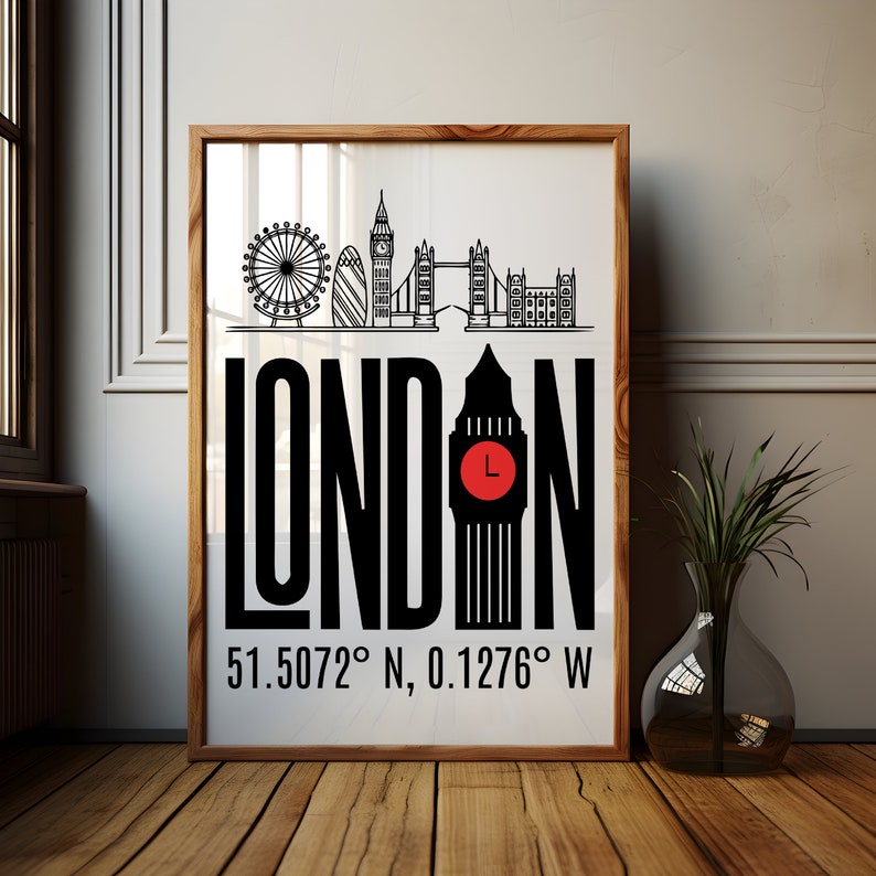 May include: Black and white illustration of the London skyline with the word "LONDON" in bold letters and the coordinates "51.5072&deg; N, 0.1276&deg; W" below. The Big Ben clock tower is highlighted in red with a clock face.