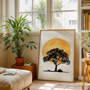 Arte paisajístico moderno de naturaleza - Silueta de árbol con sol amarillo - Impresión digital