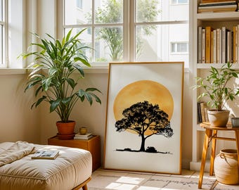 Moderne Wildnis Landschaft Kunst - Gelbe Sonne Baum Silhouette - Digitaldruck