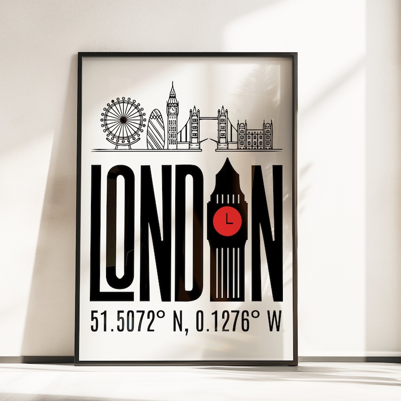 May include: Black and white illustration of the London skyline with the word "LONDON" in bold black letters and Big Ben in the center. The text "51.5072&deg; N, 0.1276&deg; W" is below the illustration.