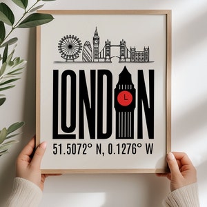 May include: Black and white illustration of London landmarks, including Big Ben, the London Eye, and Tower Bridge. The text "LONDON" is in bold black letters with a red clock face on Big Ben. The coordinates "51.5072&deg; N, 0.1276&deg; W" are printed below the illustration.