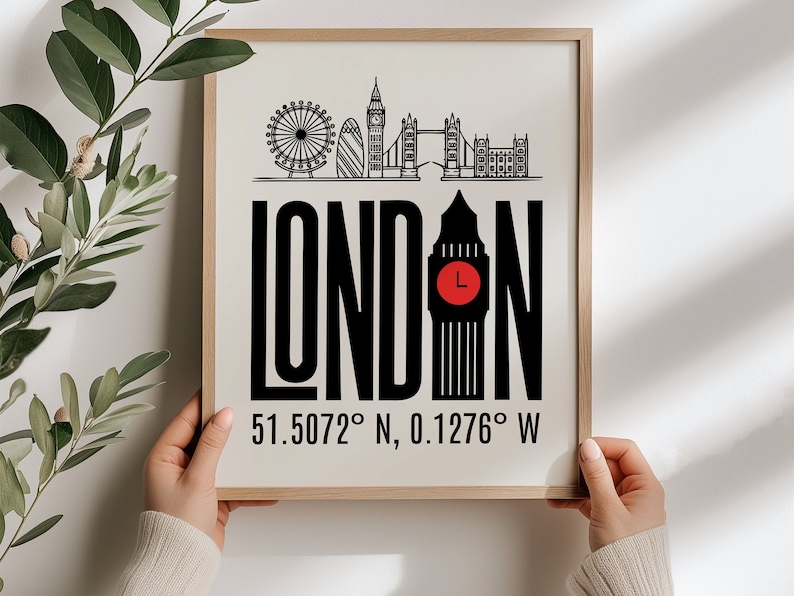 May include: Black and white illustration of London landmarks, including Big Ben, the London Eye, and Tower Bridge. The text "LONDON" is in bold black letters with a red clock face on Big Ben. The coordinates "51.5072&deg; N, 0.1276&deg; W" are printed below the illustration.