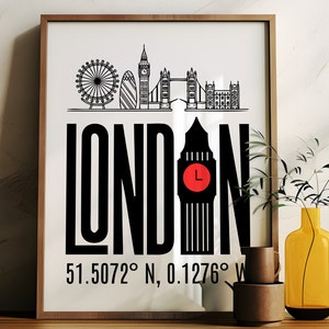 May include: Black and white illustration of London landmarks, including Big Ben, the London Eye, and Tower Bridge. The text "LONDON" is in bold, black letters with a red clock face inside the letter "O". The coordinates "51.5072&deg; N, 0.1276&deg; W" are printed below the illustration.