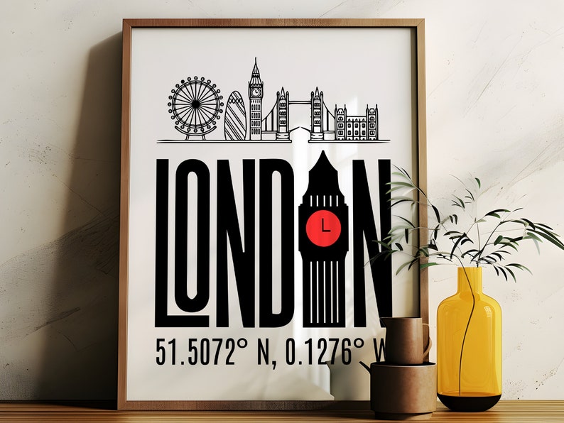 May include: Black and white illustration of London landmarks, including Big Ben, the London Eye, and Tower Bridge. The text "LONDON" is in bold, black letters with a red clock face inside the letter "O". The coordinates "51.5072&deg; N, 0.1276&deg; W" are printed below the illustration.