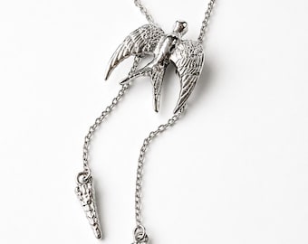 Silver Lariat Halsband, Y-formad Halsband, Justerbart Halsband, 925 Sterling Silver, Långt Hänge Halsband, Fågelhalsband, Present till henne