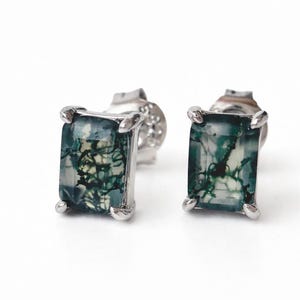 Sierlijke mosagaat oorknopjes in 925 sterlingzilver, rechthoekige edelsteen, minimalistisch cadeau voor haar VS