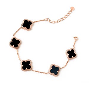 14k Gold Plated 925 Silver Bracelet with Black Onyx – Clover Charm Bracelet for Women – Dainty Handmade Jewelry Gift – Ships from USA