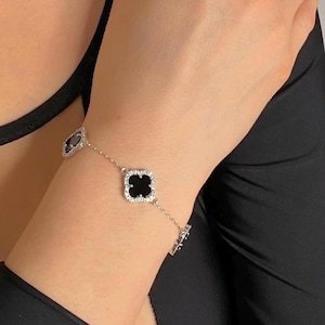 Sterling Silver Black Onyx Bracelet • Dainty Clover Charm Jewelry • Elegant Gift for Her • Modern Minimalist Jewelry Handmade in Ukraine