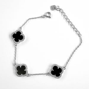 Schwarzer Onyx Klee Armband, 925 Sterling Silber Vier Blatt Schmuck, verstellbares Bettelarmband, handgemachtes Geschenk für sie, Schiffe aus den USA