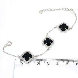 925 Sterling Silber Schwarzer Onyx Klee Armband - Vierblatt Charm - Einstellbar Handmade Schmuck Geschenk für Sie
