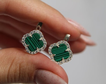 A gift from Ukraine, silver earrings 925, gold-plated, Ukrainian-made earrings, handmade Ukrainian jewelry, clover, malachite