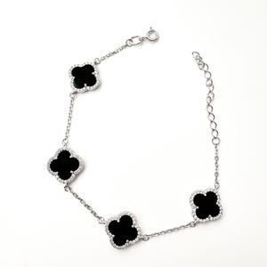 Black Onyx Four Leaf Clover Bracelet, 925 Sterling Silver Bracelet, Dainty Adjustable Bracelet, Handmade Jewelry Gift for Women