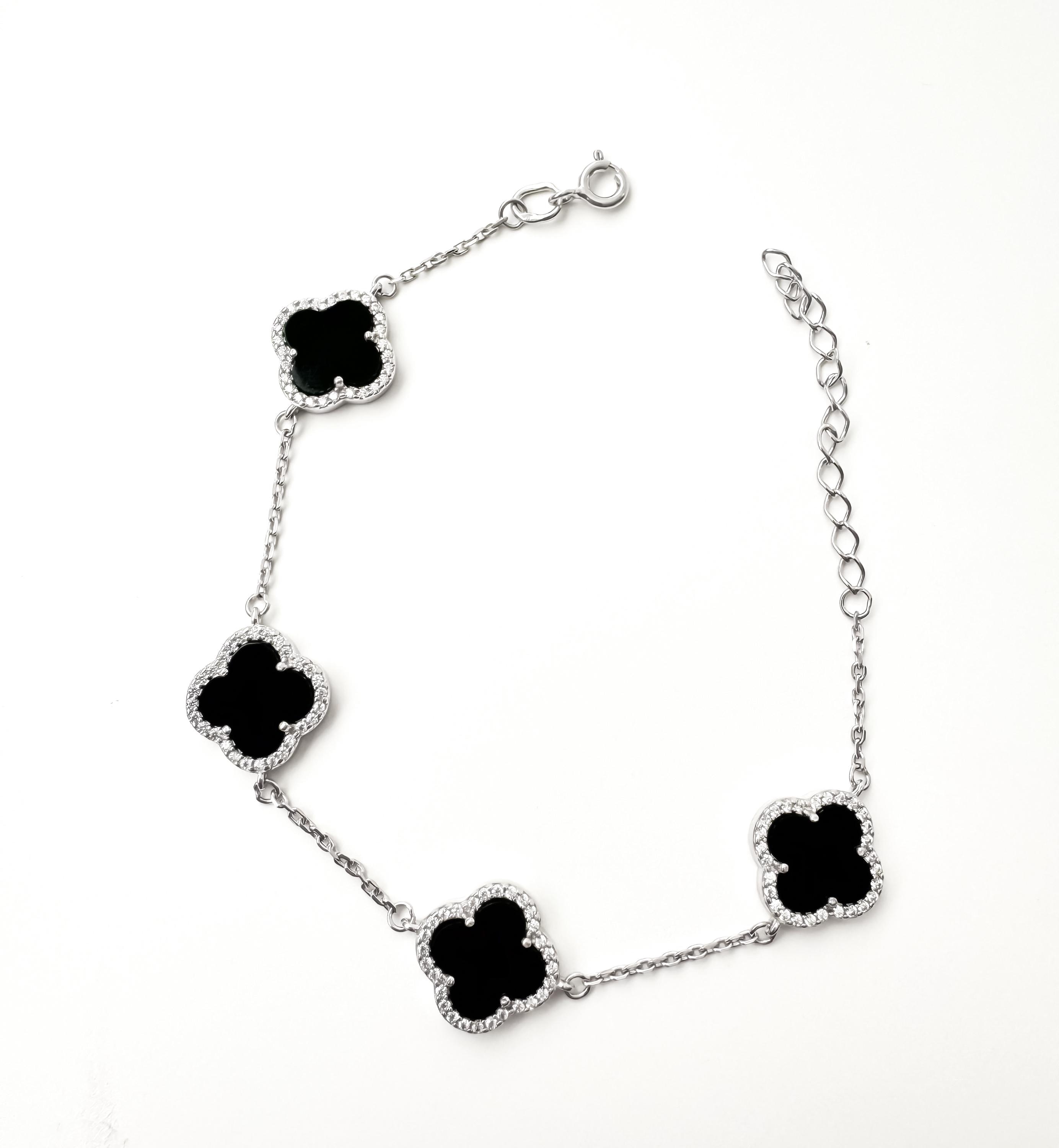 速くおよび自由な Silver Etsy - Bracelet Clover Onyx Black アクセサリー