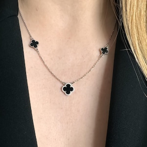 Onyx Klee Halskette - 925 Sterling Silber, Onyx & Zirkonia, Geschenk für sie, Onyx Schmuck, Ukraine Halskette, Klee Halskette, schwarzer Onyx