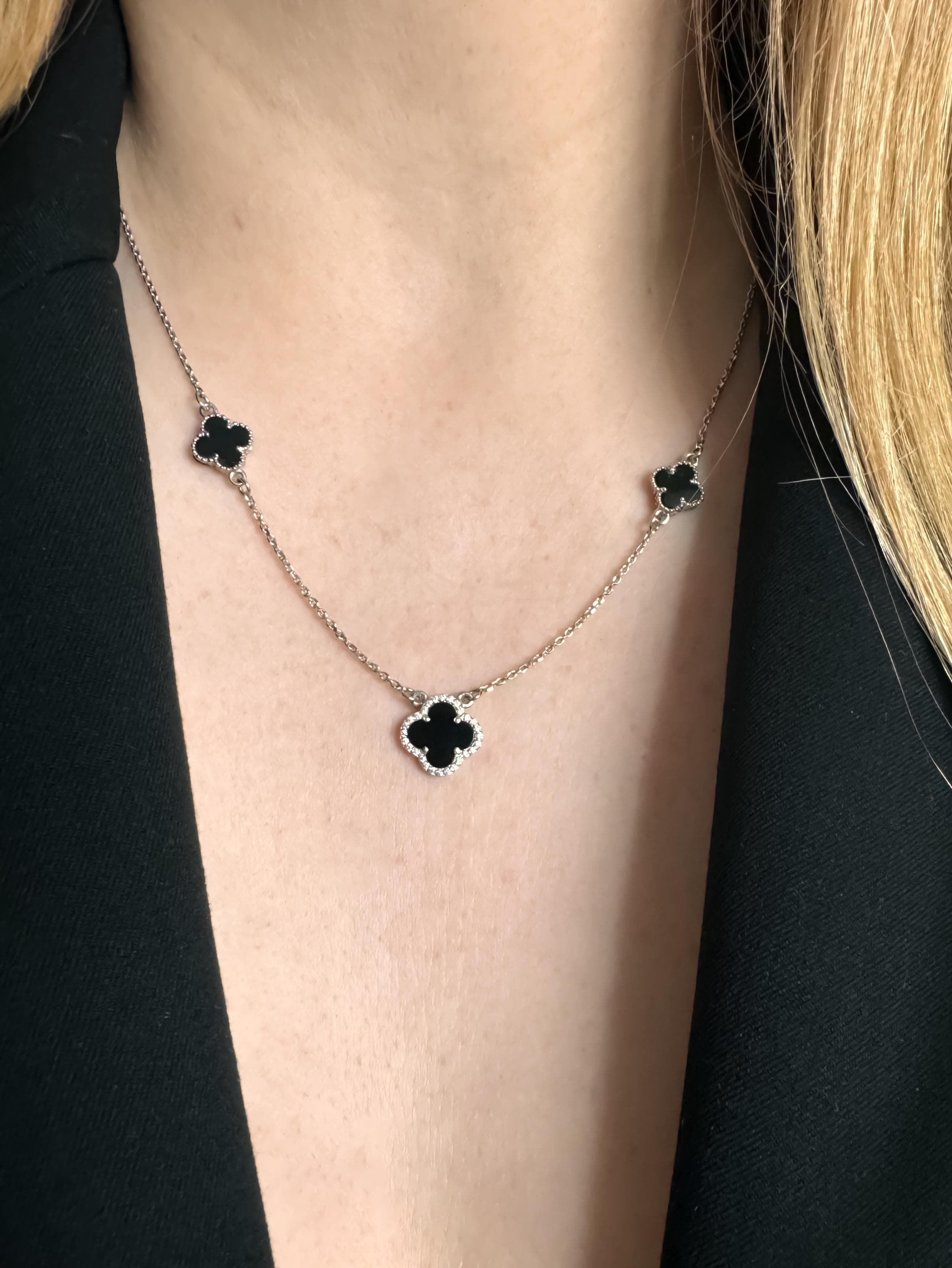 Onyx Clover Necklace Silver - Etsy