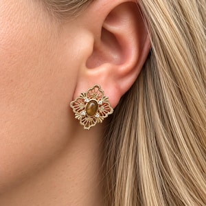 Klöverörhängen, Vintageörhängen, Örhängen med bruna stenar, Statementörhängen i bronsfärg, Filigranörhängen, Boho-smycken, Present till henne