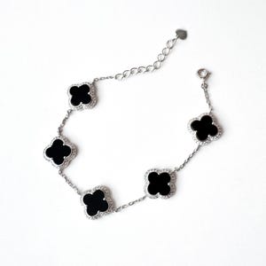 Black Onyx Four Leaf Clover Bracelet, 925 Sterling Silver Bracelet, Dainty Adjustable Bracelet, Handmade Jewelry Gift for Women