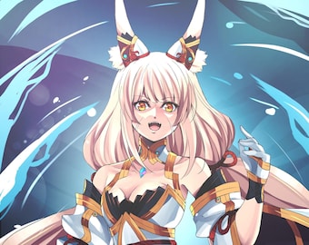 Op de afbeelding: Anime-stijl illustratie van een personage met lang, lichtblond haar en vosachtige oren. Het personage draagt een witte en zwarte outfit met gouden accenten en een blauwe edelsteen. Een blauw energie-effect omringt het personage, dat een blauw zwaard vasthoudt.