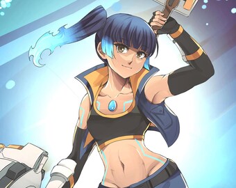 Op de afbeelding: Anime-stijl illustratie van een personage in een futuristische outfit. Het personage draagt een zwarte crop top, blauwe shorts en witte laarzen. De outfit heeft gele en blauwe accenten. Het personage houdt een wapen vast en heeft blauw haar.