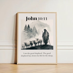 May include: A black and white watercolour illustration of a shepherd with a staff leading a flock of sheep. The text "John 10:11" is at the top of the image. The text "I am the good shepherd. The good shepherd lays down his life for the sheep." is at the bottom of the image.