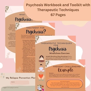 May include: A pink and white illustrated workbook and toolkit for psychosis with the title "Psychosis Workbook and Toolkit with Therapeutic Techniques 67 Pages". The workbook includes sections on "What is Psychosis?", "Treatment for Psychosis?", "Therapeutic Techniques for Psychosis", and "My Relapse Prevention Plan".
