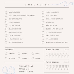 May include: A beige self-care checklist with the title "SELF-CARE" and a list of daily activities. Includes sections for workout, sleep, water intake, and mood tracking. Features a floral illustration in the bottom left corner.