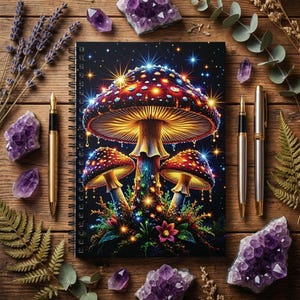 Può includere: Un taccuino a spirale con una vivace illustrazione di funghi, con cappelli a pois rossi e bianchi, su uno sfondo nero stellato. Penne dorate e cristalli di ametista circondano il taccuino su una superficie di legno.