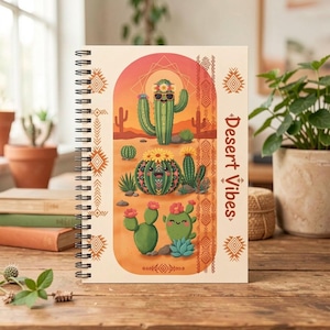 May include: A spiral-bound notebook with a cream-coloured cover featuring a central illustration of cartoon cacti in a desert landscape. The text 'Desert Vibes' is printed vertically on the right side, surrounded by geometric patterns and warm orange tones.