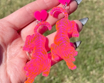 Neon Pink Acrylic Tiger Earrings: Hand-Painted Statement Jewelry
