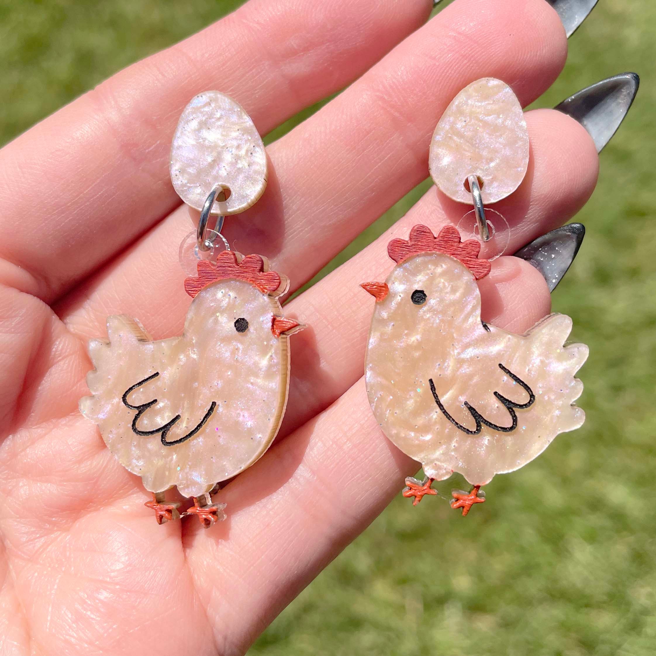 LONYOO Floral Hen Chicken Earrings - Acrylic Dangle Fun Earrings For Women, Hypoallergenic Stainless Steel Hooks