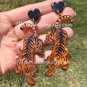 Pendientes de tigre naranja jaspeado: pendientes acrílicos llamativos con opciones de cierre o gancho