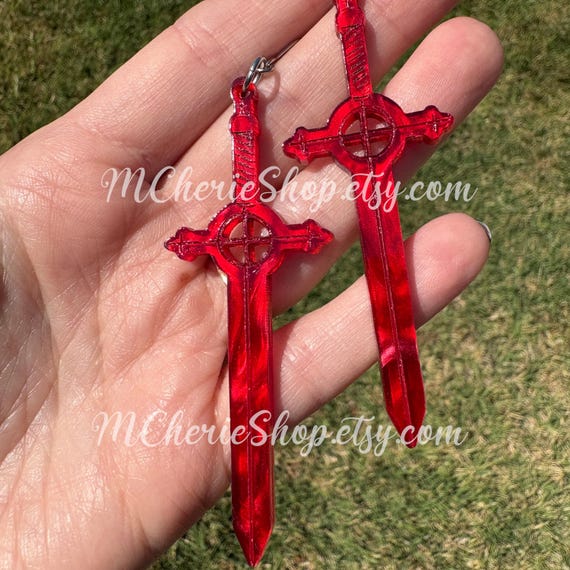 Red Acrylic Demon Blood Sword Earrings | Lightweight Hypoallergenic Dangle