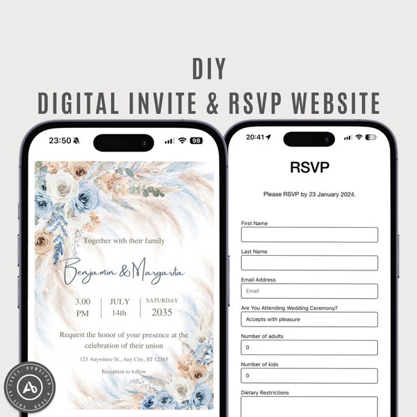Editable Digital Wedding Invitation with RSVP and Free Wedding Website - Modern Pampa Grass Boho Floral Design on Canva