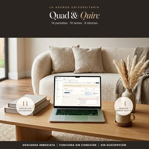 Może przedstawiać: Laptop wyświetlający interfejs cyfrowego planera o nazwie Quad & Quire, zawierający 14 ekranów, 10 motywów i 6 języków. Ekran pokazuje pulpit nawigacyjny z różnymi polami wprowadzania danych, przyciskami i menu bocznym.