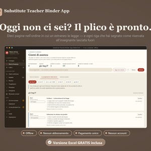 May include: A digital interface for the Substitute Teacher Binder App displayed on a screen. The software features a dark sidebar menu and a light-colored main dashboard showing lesson plans, attendance, and scheduling for a substitute teacher.