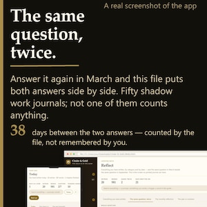 May include: A digital interface screenshot for the Cinder & Gold app titled Six Weeks Apart. The text explains a feature that displays two answers to the same question side by side, with 38 days between them, shown on a dark background.