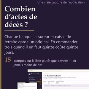 Könnte beinhalten: Eine dunkelviolette digitale Benutzeroberfläche mit dem Titel LE PREMIER APPEL von Rosemary & Bell. Der Text fragt nach der Anzahl der benötigten Sterbeurkunden, erklärt, dass Banken und Versicherer Originale verlangen, und zeigt ein Dashboard.