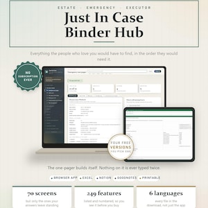 May include: A digital Just In Case Binder Hub displayed on a laptop and tablet screen. The interface shows an emergency one-pager with personal data fields. Text includes No Subscription Ever, Four Free Versions, and lists Browser App, Excel, Notion, Goodnotes, and Printable formats.