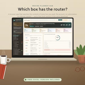 Könnte beinhalten: Ein Laptop-Bildschirm mit der Benutzeroberfläche des Moving Planner Hub und dem Text Which box has the router? A browser app that searches the contents of every box you pack. No account, no subscription, no internet needed. Free Excel version included.