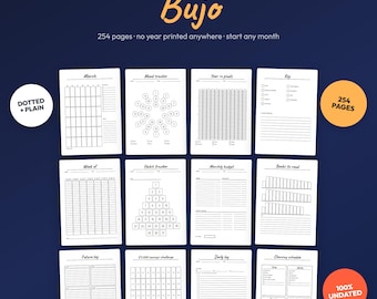 Undated Bullet Journal Printable, 254 Page Bujo Bundle | Habit Mood Tracker, Monthly Weekly Daily Dot Grid | Letter A4 A5 Digital Download