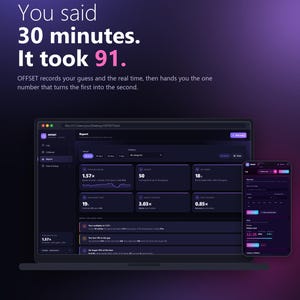 May include: A digital interface for the OFFSET browser app displayed on a laptop screen and a smartphone. The text reads: You said 30 minutes. It took 91. OFFSET records your guess and the real time. Features include a report dashboard, data logs, and offline functionality with no subscription or account required.