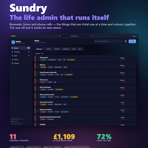 May include: A dark-themed software interface titled Sundry, featuring a task management dashboard with a queue of overdue life administration items, including text labels for renewals, calls, and reports, plus summary statistics showing 11 overdue items.