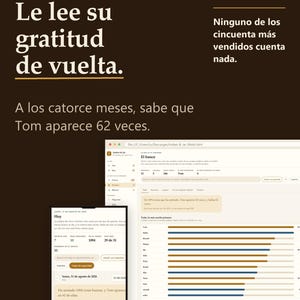 Puede incluir: Una interfaz de diario de gratitud digital mostrada en un teléfono inteligente y una pantalla de computadora. El fondo marrón oscuro presenta texto blanco en español, incluyendo la frase UN DIARIO DE GRATITUD, junto a visualizaciones de datos con estadísticas de frecuencia de palabras.
