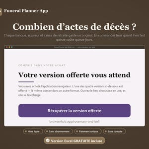 May include: A digital interface for the Funeral Planner App on a dark brown background. The screen displays the text Combien d'actes de décès, Votre version offerte vous attend, and a purple button labelled Récupérer la version offerte.