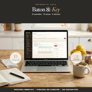 May include: A silver laptop displaying the Baton & Key software interface with 15 screens, 10 themes, and 6 languages. The screen shows a dashboard with a 100% completion circle. A notebook, pen, lemons, and a jar of coins sit nearby.