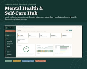 Pode incluir: Um painel digital intitulado Mental Health & Self-Care Hub com uma barra lateral verde-escura e uma área principal clara exibindo estatísticas diárias de humor, sono e check-in com gráficos, diagramas e barras de progresso.